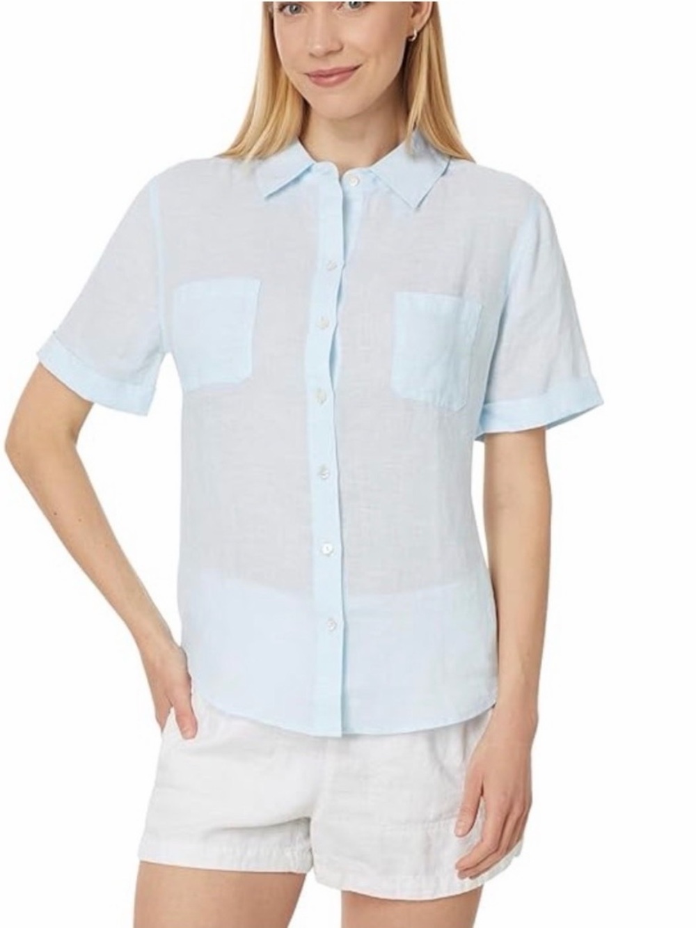 Lilly Pulitzer Knit Light Blue Short Sleeve Button Down Linen Shirt